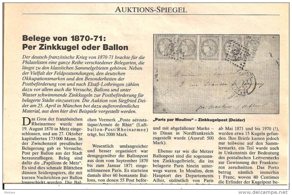 Frankreich, Krieg 1870-71, Post Per Zinkkugel Und Ballon - Filatelia E Storia Postale