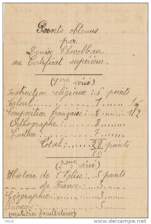 Examens De 1925, Certificat D´Etudes Primaires Supérieures : Points Obtenus, Denise Chevolleau, Vendée - Diplomi E Pagelle