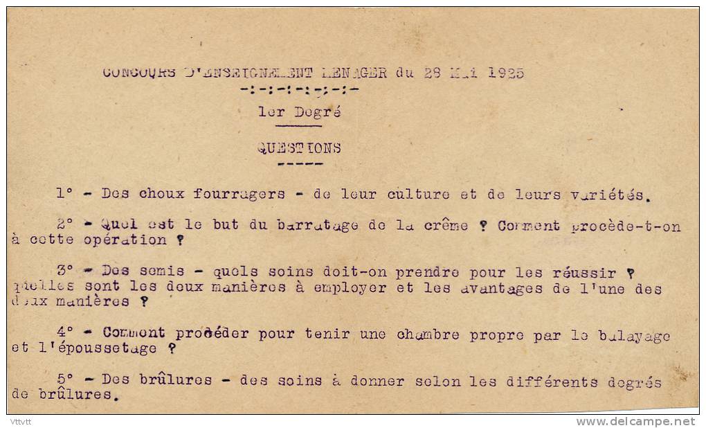 28 Mai 1925, Concours D'Enseignement Ménager : Questions, 1er Degré, Choux, Barratage, Semis, Brûlure, Ménage Chambre... - Diplomi E Pagelle
