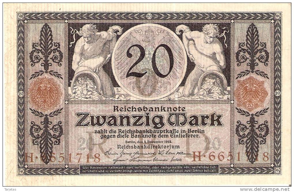 BILLETE DE ALEMANIA DE 20 MARCOS DEL AÑO 1915   (BANKNOTE-BANK NOTE) - 20 Mark