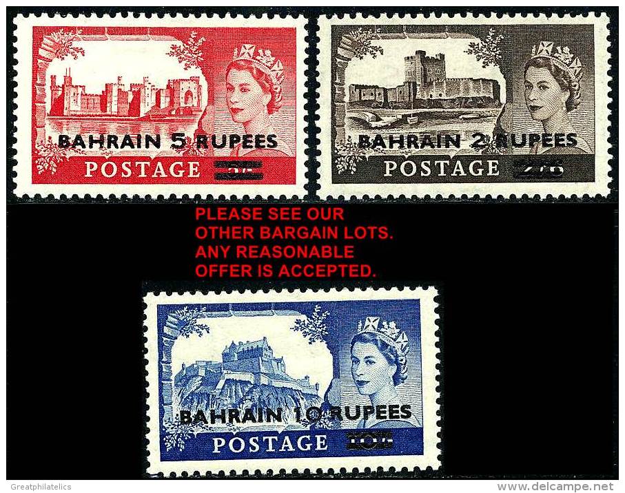BAHRAIN  1955 QUEEN ELIZABETH / CASTLES WITH OVPT SC# 96-98 VF OG LH SCARCE - Bahreïn (...-1965)