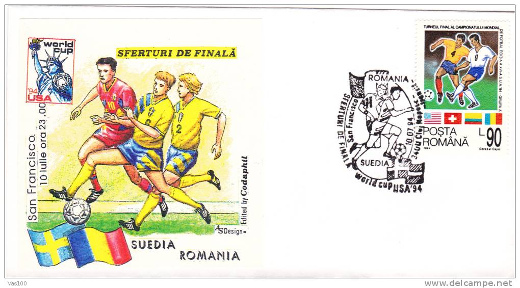 FOOTBALL WORLD CUP, USA, 1994, SPECIAL COVER, OBLITERATION CONCORDANTE, ROMANIA - 1994 – Verenigde Staten