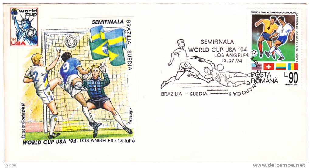 FOOTBALL WORLD CUP, USA, 1994, SPECIAL COVER, OBLITERATION CONCORDANTE, ROMANIA - 1994 – Vereinigte Staaten