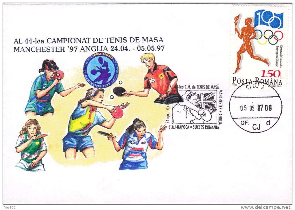 44 TH TABLE TENNIS CHAMPIONSHIP, MANCHESTER, ENGLAND, 1997, SPECIAL COVER, OBLITERATION CONCORDANTE, ROMANIA - Tenis De Mesa