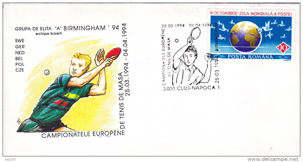 EUROPEAN TABLE TENNIS CHAMPIONSHIP, BIRMINGHAM, 1994, SPECIAL COVER, OBLITERATION CONCORDANTE, ROMANIA - Table Tennis