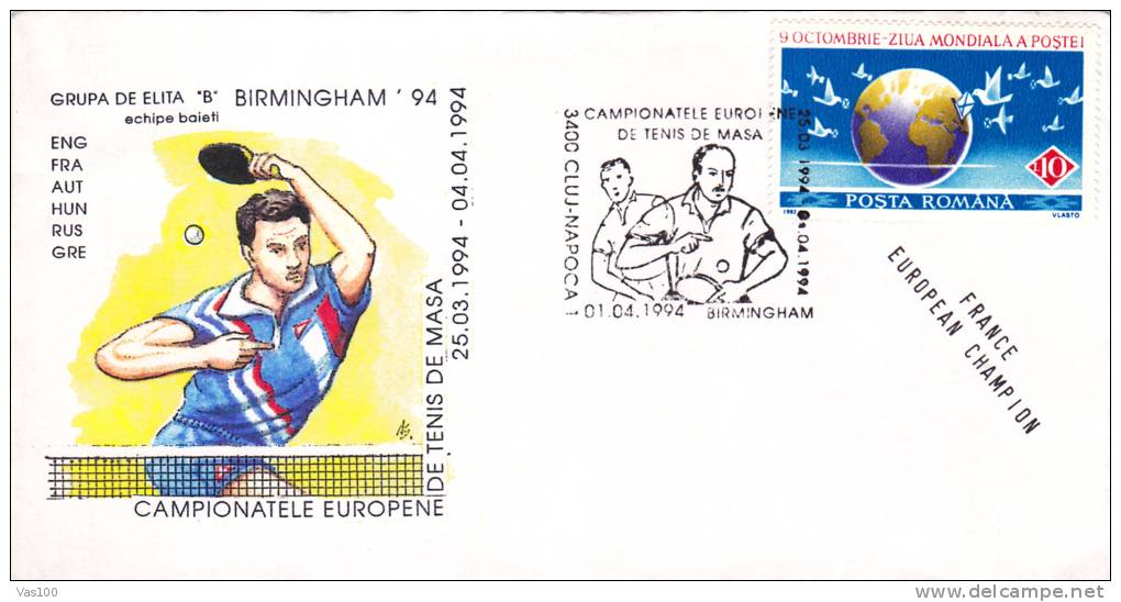 EUROPEAN TABLE TENNIS CHAMPIONSHIP, BIRMINGHAM, 1994, SPECIAL COVER, OBLITERATION CONCORDANTE, ROMANIA - Table Tennis