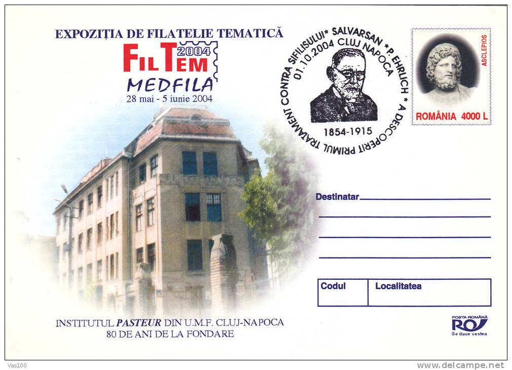 LOUIS PASTEUR, PASTEUR INSTITUTE, 2004, COVER STATIONERY, ENTIER POSTAL, OBLITERATION CONCORDANTE, ROMANIA - Louis Pasteur