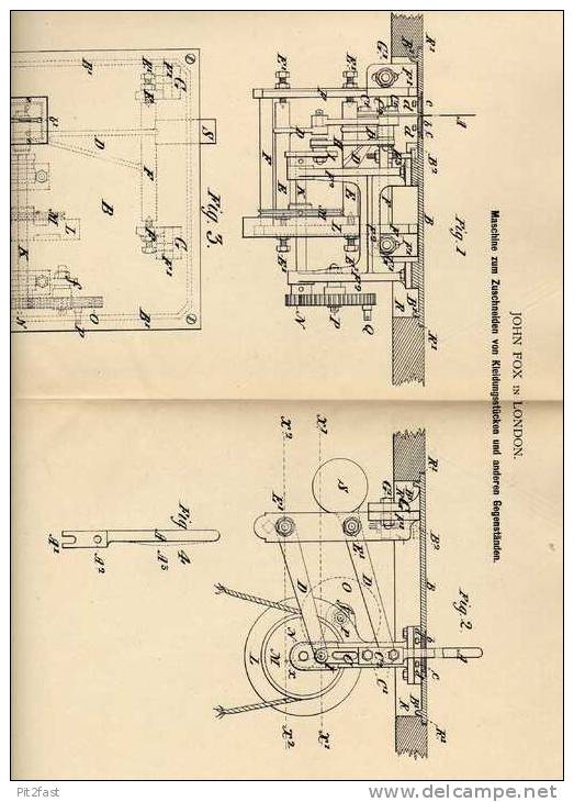 Original Patentschrift - Schneidemaschine Für Kleidungsstücke , 1882 , J. Fox In London  !!! - Schnittmuster