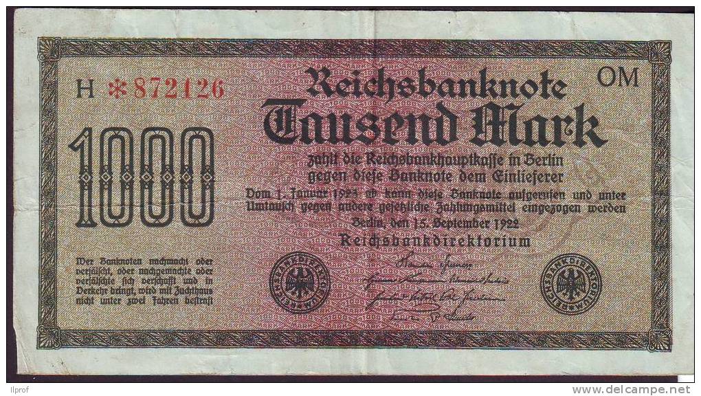 Germania Banconota 1000 Mark Anno 1922 Circolata Serie H - 1.000 Mark