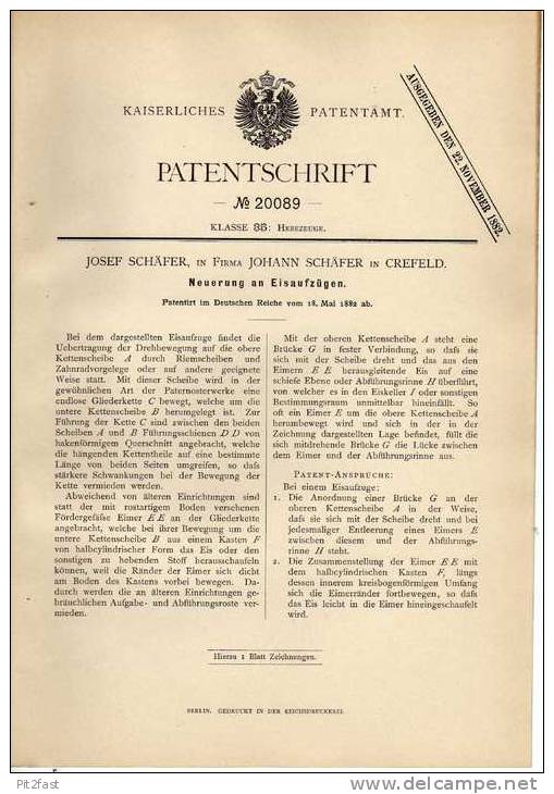 Original Patentschrift -  J. Schäfer In Crefeld , 1882 , Eisenaufzug , Lift !!! - Máquinas