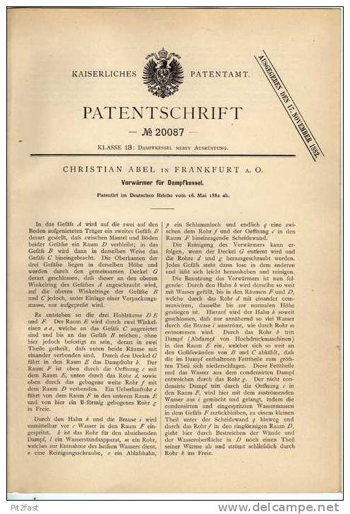 Original Patentschrift -  Vorwärmer Für Dampfkessel , 1882 , C. Abel In Frankfurt A. Oder !!! - Machines