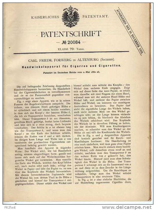 Original Patentschrift - Apparat Für Cigarren Und Cigaretten , 1882 , C. Forwerg In Altenburg , Sachsen !!! - Documentos
