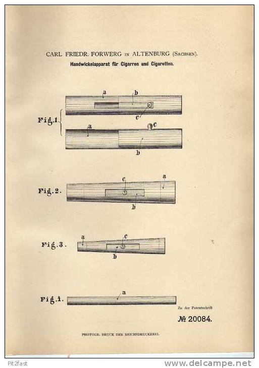 Original Patentschrift - Apparat Für Cigarren Und Cigaretten , 1882 , C. Forwerg In Altenburg , Sachsen !!! - Documenten