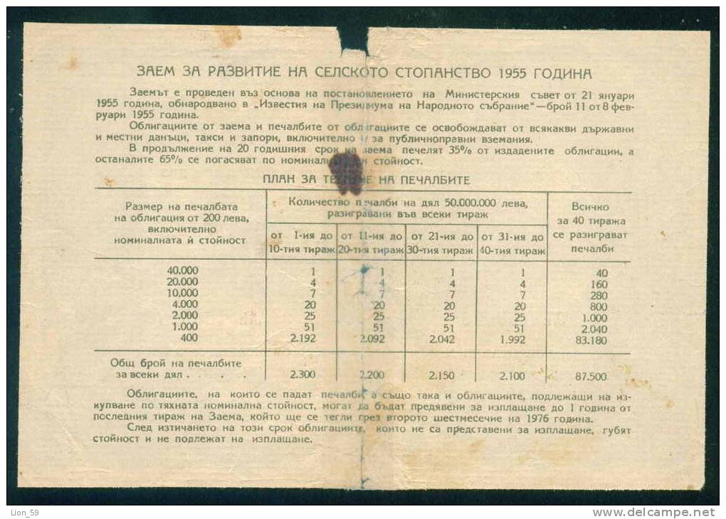 6K65 / LOAN FOR AGRICULTURAL DEVELOPMENT  Shareholdings SHARE 200 LV SOFIA 1955 Bulgaria Bulgarien Bulgarie Bulgarije - Agriculture