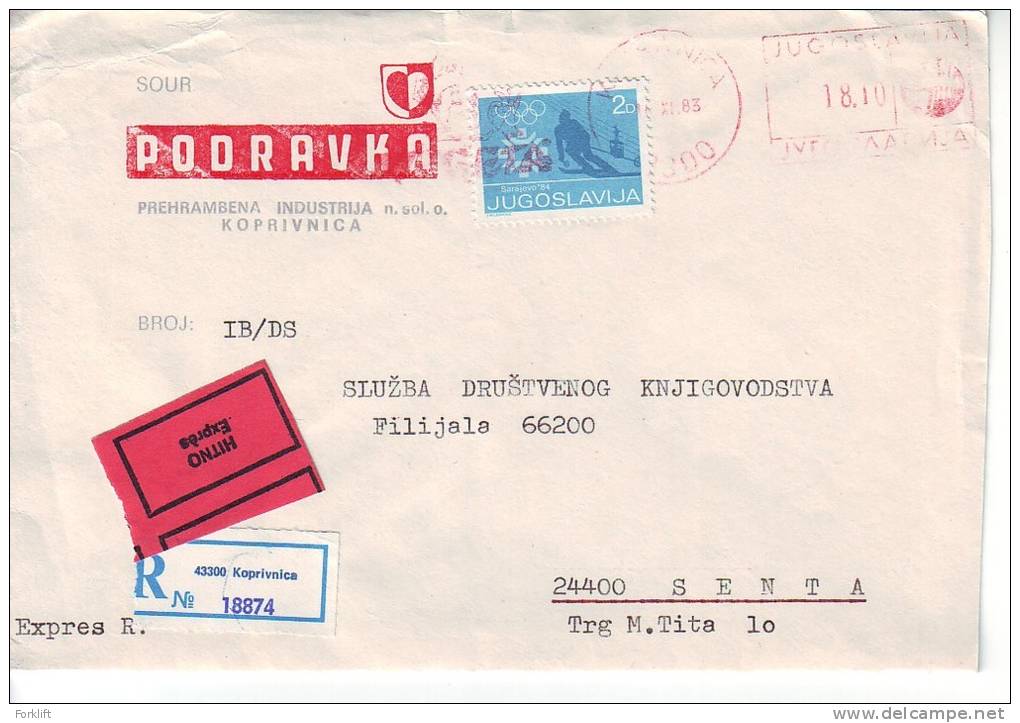 Jugoslavija,Olympic Stamp On Regitered Letter,Sarajevo 1984,Podravka,Koprivnica - Winter 1984: Sarajevo