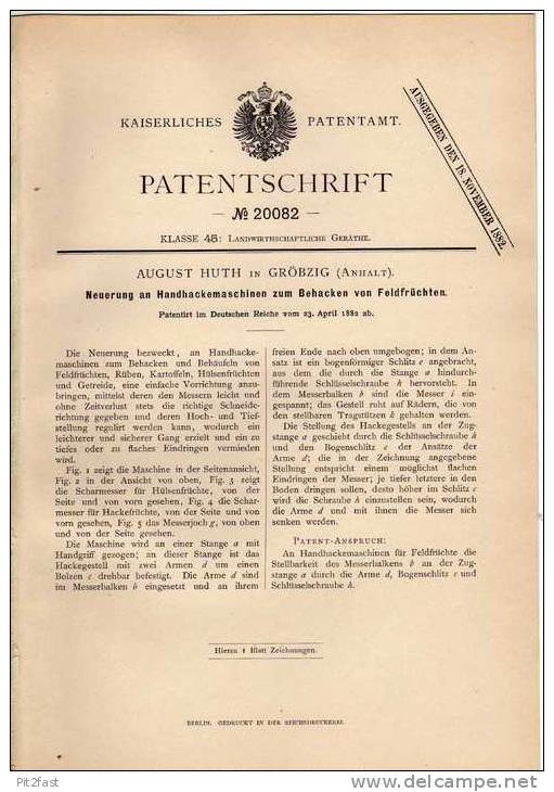 Original Patentschrift - A. Huth In Gröbzig , 1882 ,Hackmaschine Für Feldfrüchte , Obstbau !!! - Machines