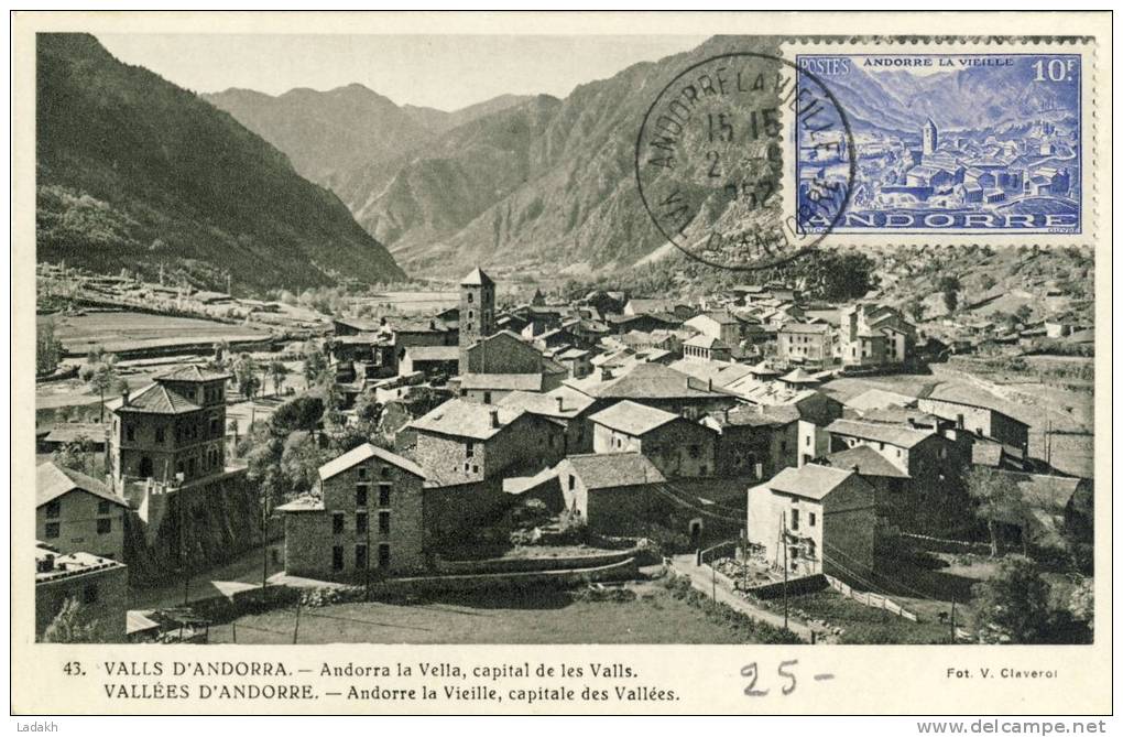 CM ANDORRE # 1952 # ANDORRE LA VIEILLE # CAPITALE DES VALLEES # PRINCIPAUTE # PAYSAGE # 10F BLEU - Cartoline Maximum