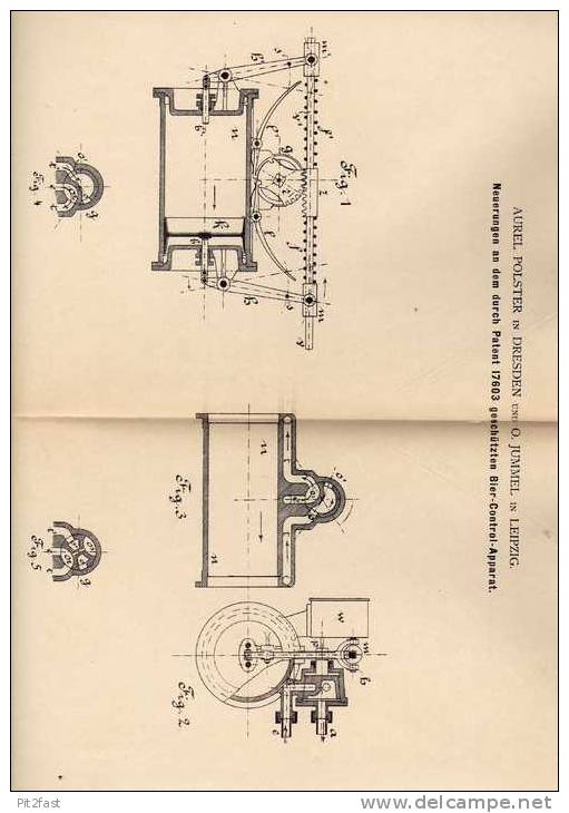 Original Patentschrift -  Bier - Control - Apparat , 1882 , A. Polster In Dresden Und Leipzig , Brauerei , Kneipe !!! - Maschinen