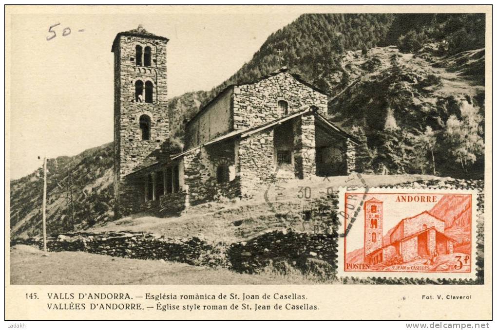 CM ANDORRE 1952 ANDORRE LA VIEILLE (St Jean De Casellas )# EGLISE STULE ROMAN # Principaute # - Cartoline Maximum