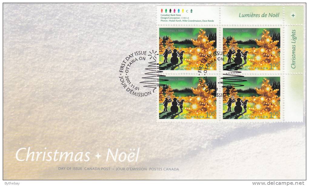 Canada FDC Scott #1924 Upper Right Plate Block Christmas Lights $1.05 Building A Snowman - 2001-2010