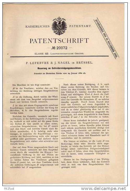 Original Patentschrift -  Getreide Reinigungsmaschinen , 1882 , J. Nagel In Brüssel , Landwirtschaft , Agrar !!! - Macchine