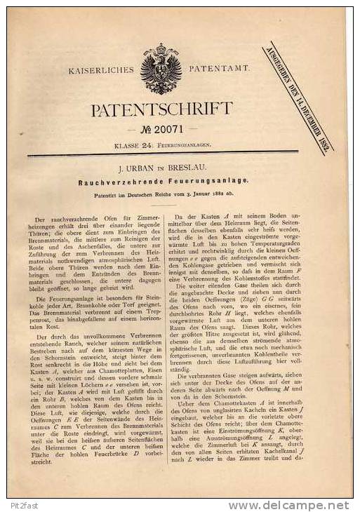 Original Patentschrift -  Feuerungsanlage , Heizung , 1882 , J. Urban In Breslau !!! - Arquitectura