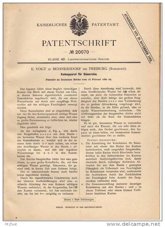 Original Patentschrift -  E. Vogt In Möhnersdorf B. Freiburg , 1882 , Keimapparat , Gartenbau !!! - Tools
