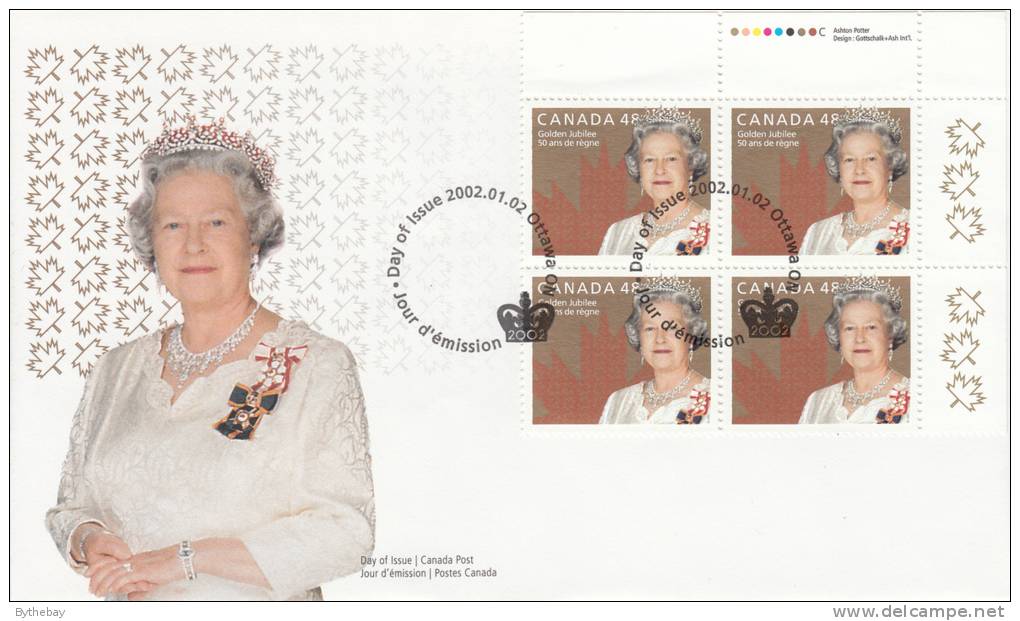 Canada FDC Scott #1932 Upper Right Plate Block 48c Queen Elizabeth II Golden Jubilee - 2001-2010