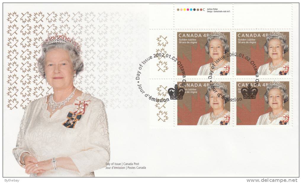 Canada FDC Scott #1932 Upper Left Plate Block 48c Queen Elizabeth II Golden Jubilee - 2001-2010