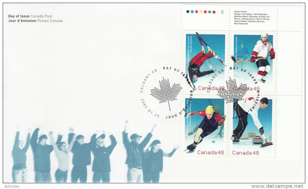 Canada FDC Scott #1939a Upper Right Plate 48c Winter Olympics: Speed Skating, Curling, Aerial Skiing, Women´s Ice Hockey - 2001-2010