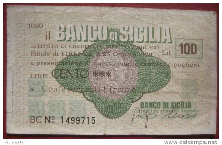 100 Lire 25.10.1976 Banco Di Sicilia (Confesercenti Firenze) - [10] Scheck Und Mini-Scheck