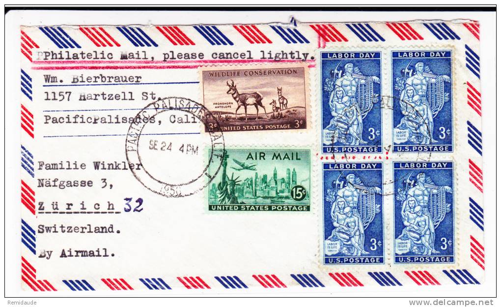 1950 - ENVELOPPE Par AVION De PACIFIC PALISADES (CALIFORNIE)  Pour ZÜRICH (SUISSE) - Storia Postale