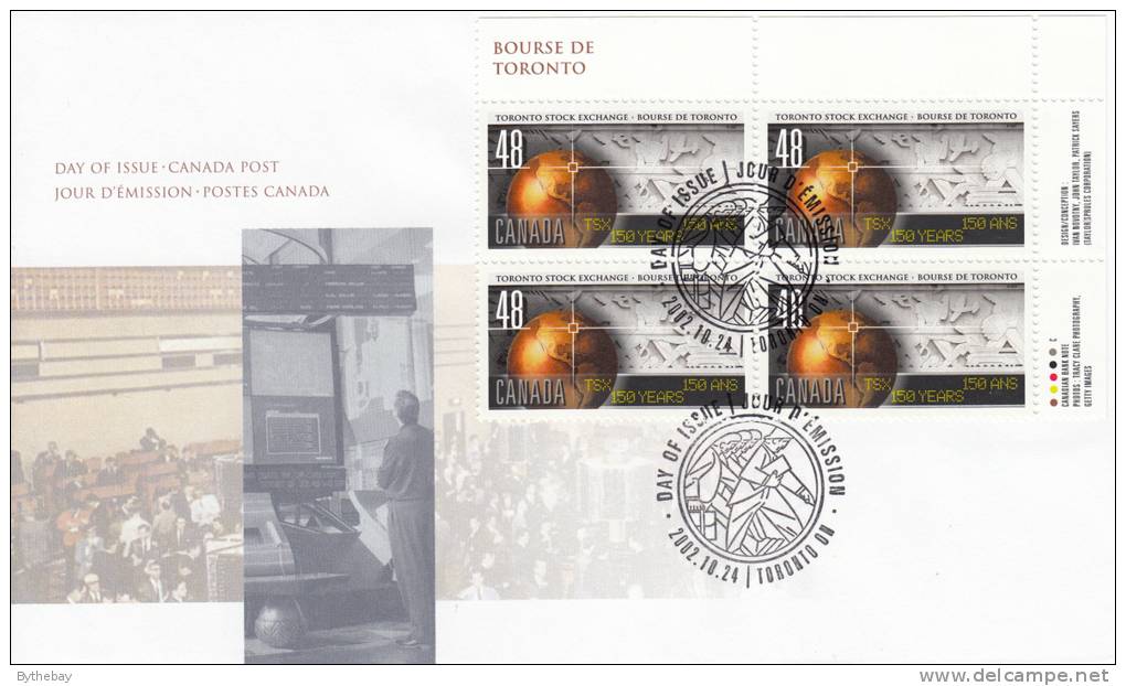 Canada FDC Scott #1962 Upper Right Plate Block 48c Toronto Stock Exchange 150th Anniversary - 2001-2010