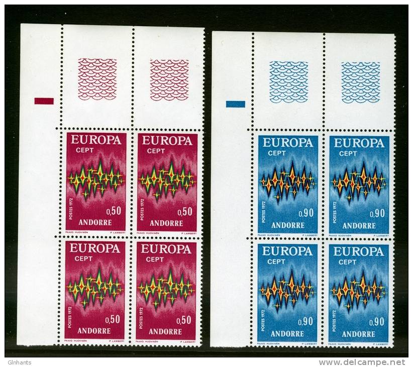 FRENCH ANDORRA - 1972 EUROPA CEPT SET OF 2 STAMPS TOP LEFT BLOCK OF 4 FINE MNH ** - 1972