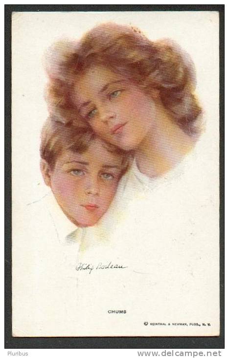 BEAUTIFUL LADY WITH BOY, CHUMS BY BOILEAU ,  OLD POSTCARD - Boileau, Philip