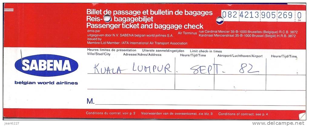 Tickets D'avion  Sabena -  Brussels-Bangkok-Kuala Lumpur-Bangkok-Brussels - SEPT 82 - Tickets
