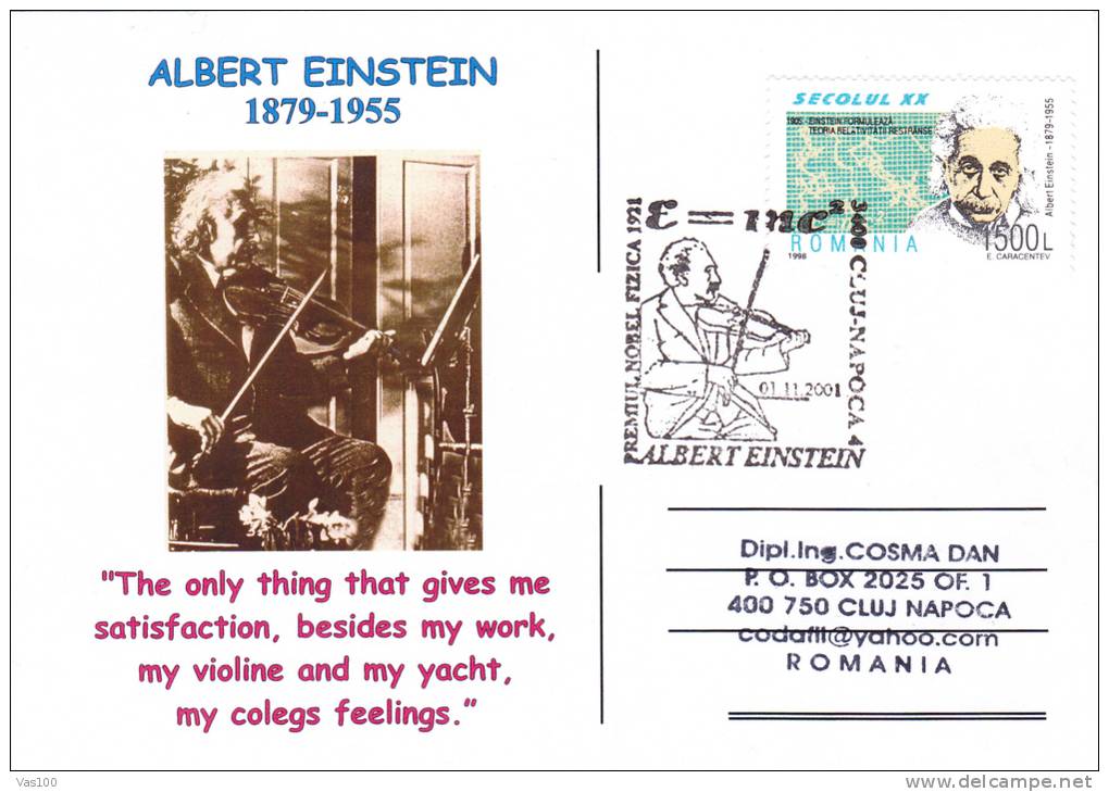 ALBERT EINSTEIN, 2001, SPECIAL CARD, OBLITERATION CONCORDANTE, ROMANIA - Albert Einstein