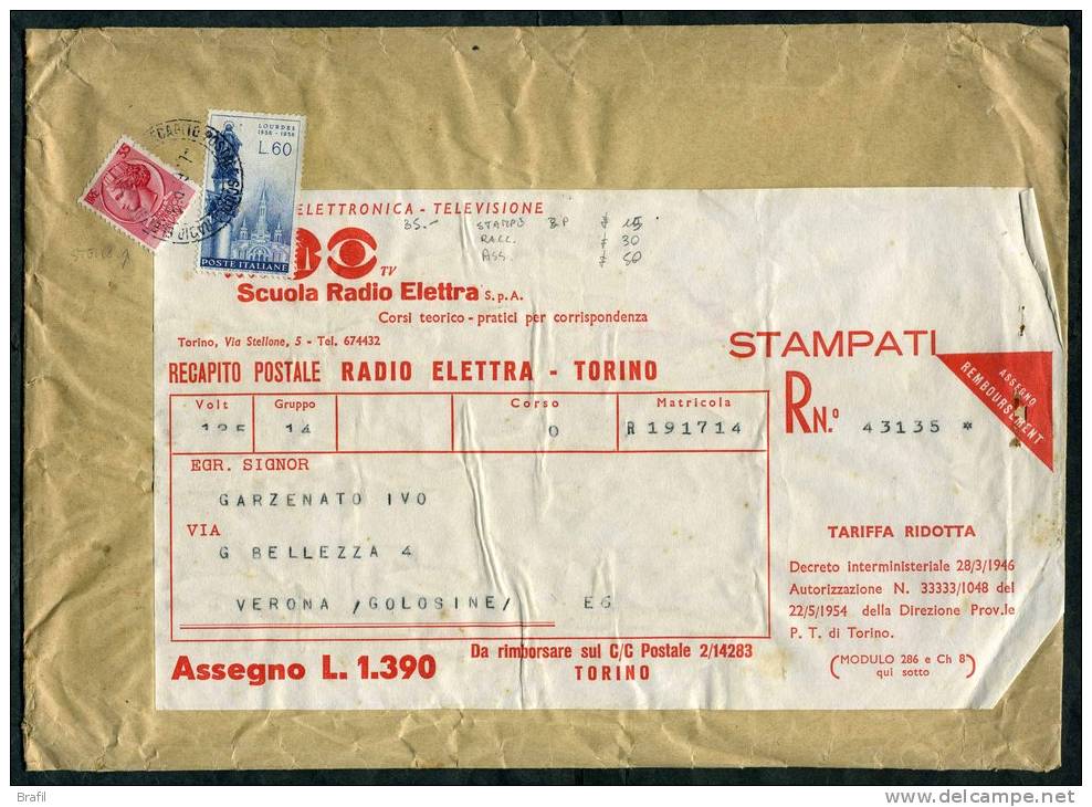 1958 Italia, Stampe Raccomandate Con Assegno Su Busta Radio Elettra La Data è Illeggibile - 1946-60: Storia Postale