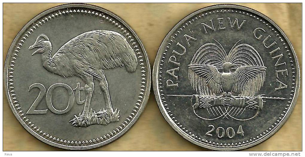 PAPUA NEW GUINEA 20 TOEA EMU BIRD FRONT BIRD EMBLEM BACK 2004 EF READ DESCRIPTION CAREFULLY!! - Papouasie-Nouvelle-Guinée