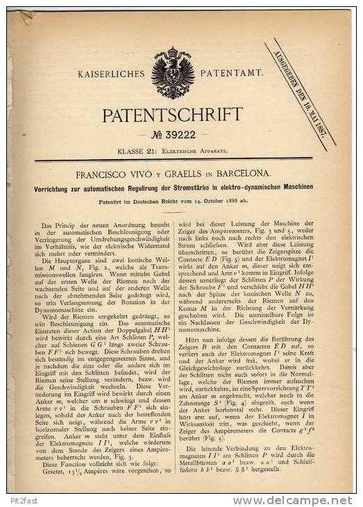 Original Patentschrift -  Regulierer Für Elektr. - Dynam. Maschinen , 1886 , F Graells In Barcelona !!! - Tools