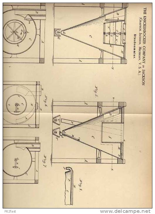 Original Patentschrift - Staubsammler , Fabrik Reiniger , 1886 , Knickerbocker Comany In Jackson , USA !!! - Máquinas