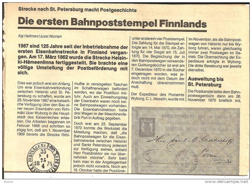 Finnland, Bahnpost 1870-883. Stationsnummern Und Hinweise Auf Raritäten (3 DIN A 4 Seiten). - Philately And Postal History