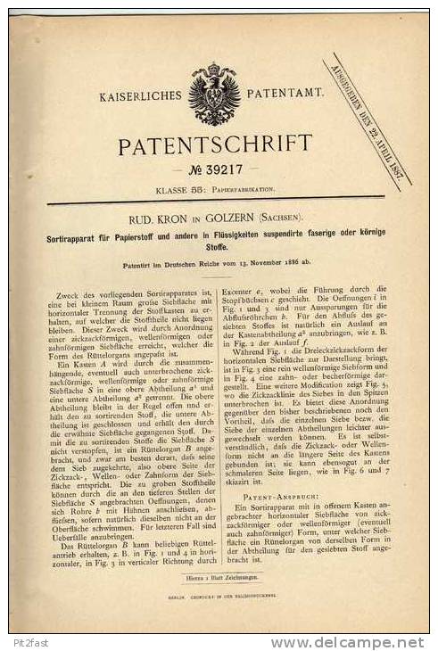 Original Patentschrift - R. Kron In Golzern - Grimma , Sachsen ,1886 , Sortierapparat Für Papier !!! - Maschinen