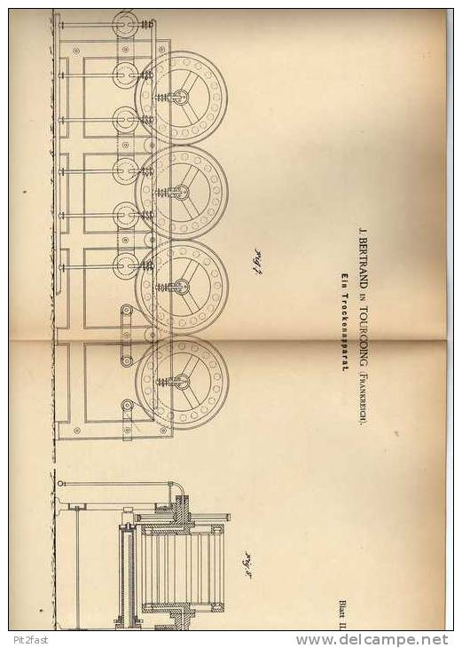 Original Patentschrift - Trockenapparat , 1886 , J. Bertrand In Tourcoing , Frankreich !!! - Máquinas