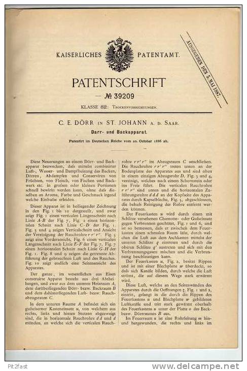 Original Patentschrift -  C. Dörr In St.Johann A. Der Saar , 1886 , Backapparat  , Bäckerei , Bäcker !! - Maschinen