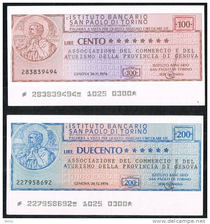Italia Coppia Miniassegni FDS L´Istituto Bancario S.Paolo Di Torino £.100  £. 200 - 30.11.76 (doppia Scansione) - [10] Scheck Und Mini-Scheck