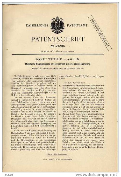 Original Patentschrift - Schmierpresse Mit Schaltwerk , 1886 , R. Wittfeld In Aachen !!! - Maschinen