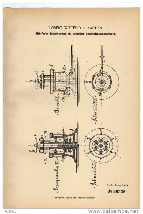 Original Patentschrift - Schmierpresse Mit Schaltwerk , 1886 , R. Wittfeld In Aachen !!! - Tools