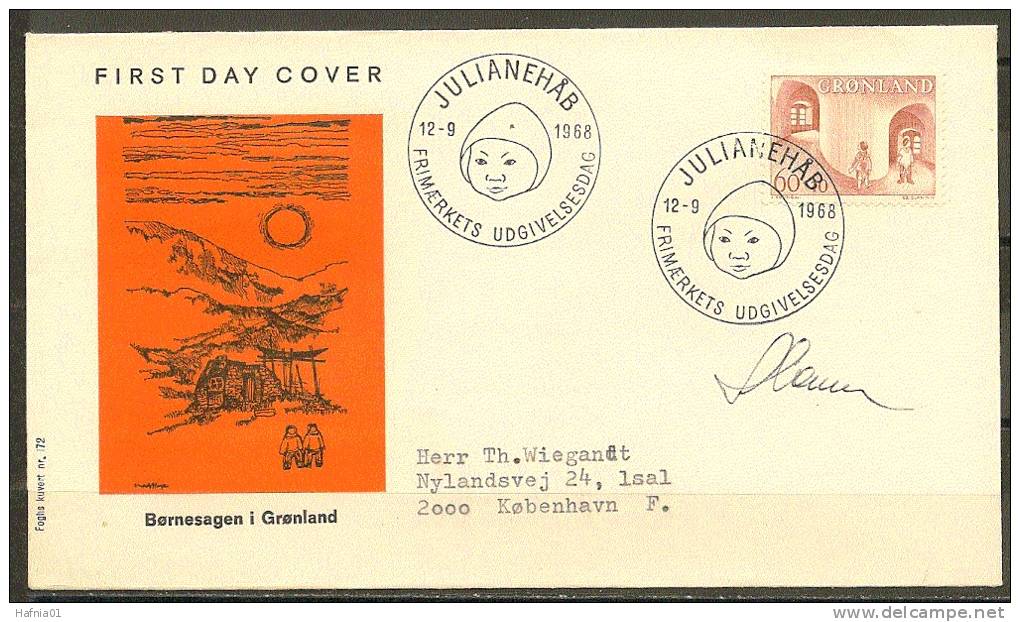 Czeslaw Slania. Greenland 1968. Greenlandic  Child Wellfare. Michel 70 FDC. Signed. - FDC