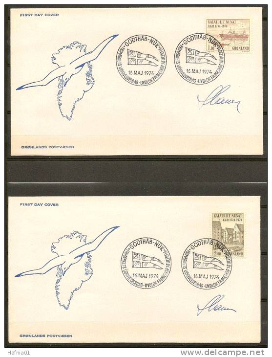 Czeslaw Slania. Greenland 1974. Royal Greenlandic Trade. Michel 88-89 FDC. Signed. - FDC